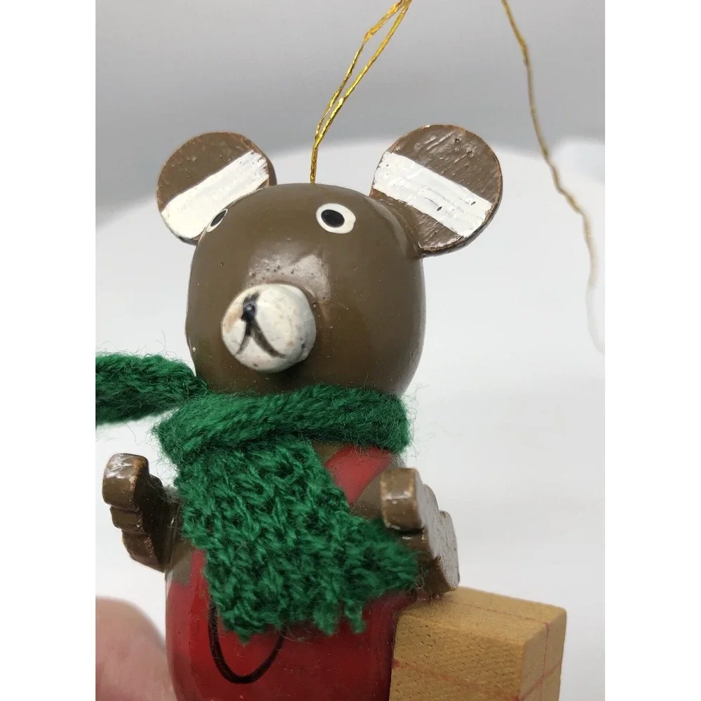 Vintage Wooden Hand Painted Bear Ornament Green Knitted Scarf 2.5